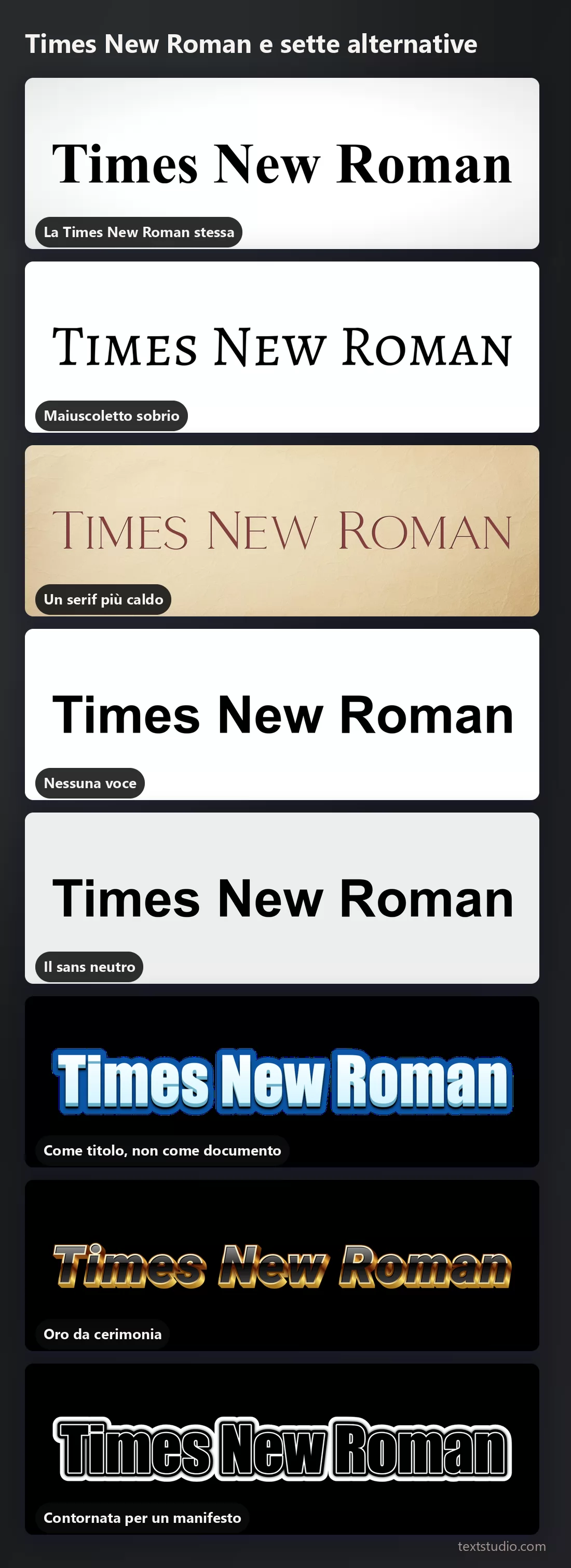 Le stesse parole in otto stili di lettering impilati per il confronto: Times New Roman, maiuscoletto, un serif caldo, un grassetto semplice, un sans neutro, un titolo blu tridimensionale, l'oro e uno stile da manifesto contornato
