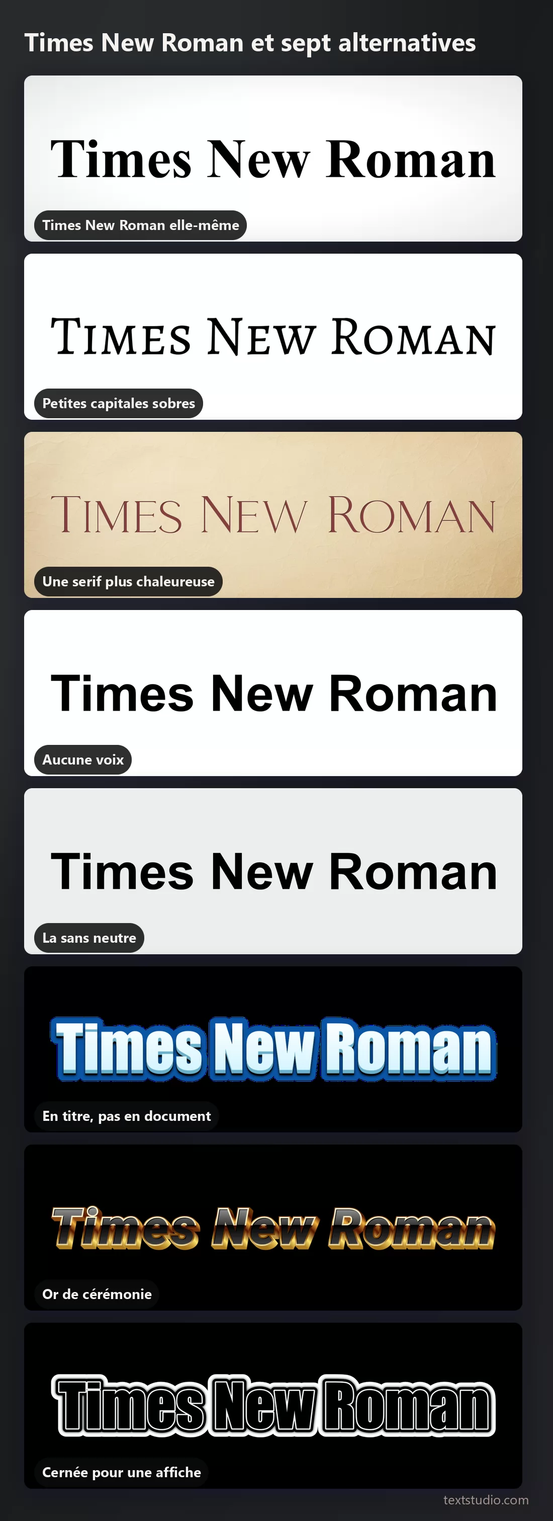 Les mêmes mots dans huit styles de lettrage empilés pour comparaison : Times New Roman, des petites capitales, une serif chaleureuse, du gras tout simple, une sans neutre, un titre bleu en relief, de l'or et un style d'affiche cerné