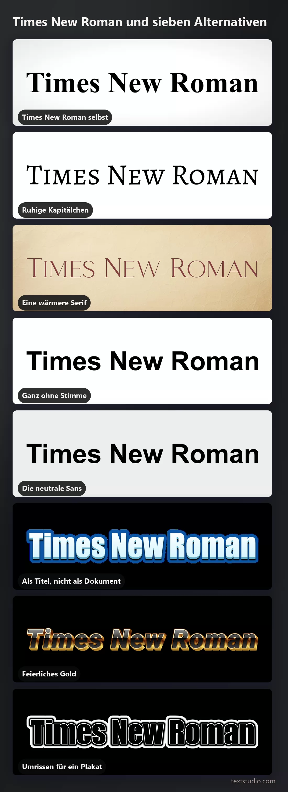 Dieselben Wörter in acht Schriftstilen übereinander zum Vergleich: Times New Roman, Kapitälchen, eine warme Serif, schlichter fetter Text, eine neutrale Sans, ein blauer 3D-Titel, Gold und ein umrissener Plakatstil