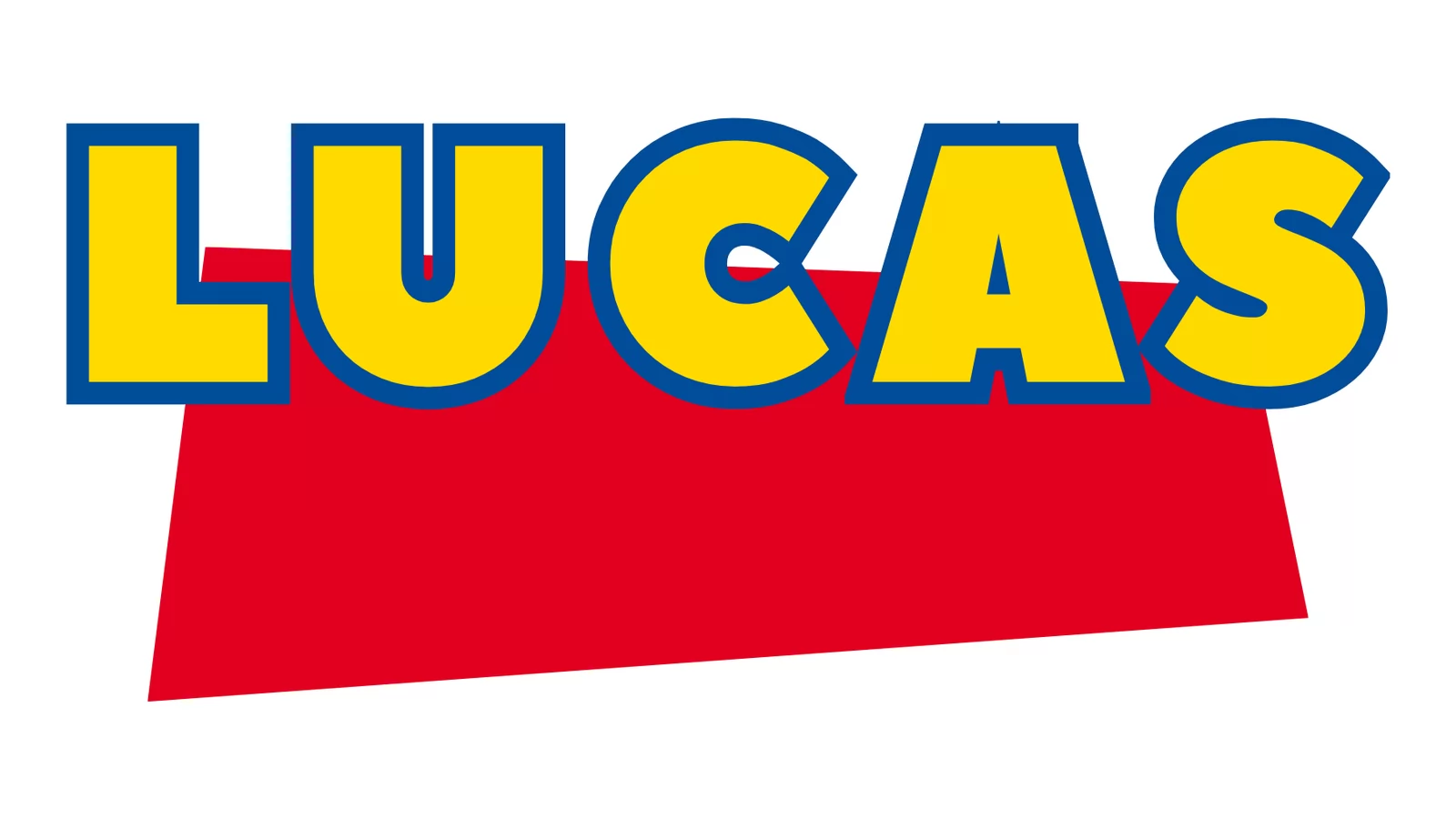 A Toy Story style logo reading Lucas in chunky yellow letters with a thick blue outline, set over a tilted red parallelogram