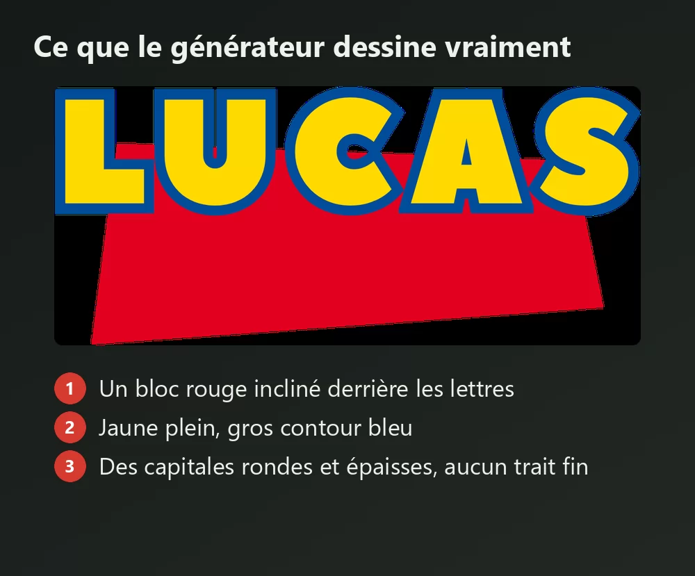 Un prénom généré façon Toy Story avec ses ingrédients numérotés : le bloc rouge incliné derrière les lettres, le remplissage jaune au gros contour bleu, et les capitales rondes et épaisses