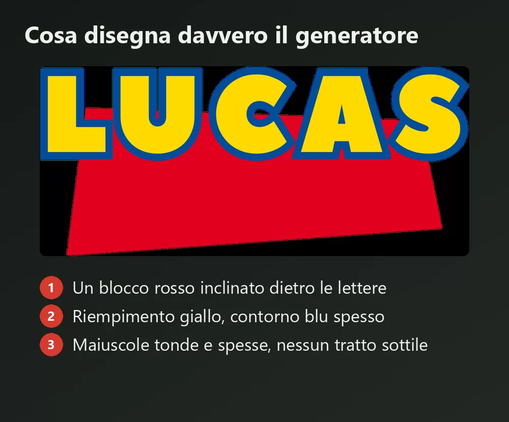 Un nome generato in stile Toy Story con gli ingredienti numerati: il blocco rosso inclinato dietro le lettere, il riempimento giallo con contorno blu spesso, e le maiuscole tonde e spesse