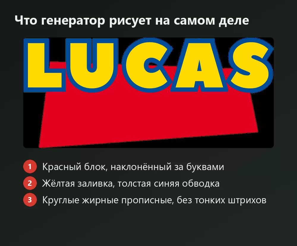 Сгенерированное имя в стиле Toy Story с пронумерованными составляющими: наклонённый красный блок за буквами, жёлтая заливка с толстой синей обводкой и круглые жирные прописные