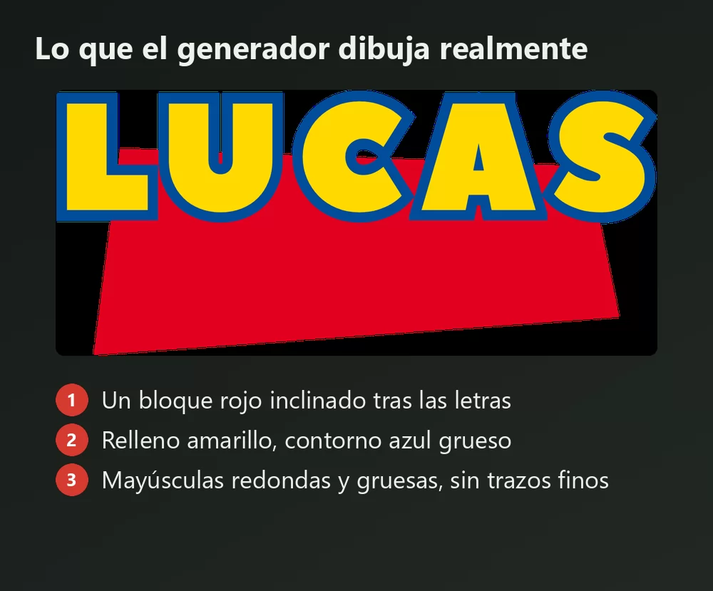 Un nombre generado al estilo Toy Story con sus ingredientes numerados: el bloque rojo inclinado tras las letras, el relleno amarillo con contorno azul grueso, y las mayúsculas redondas y gruesas