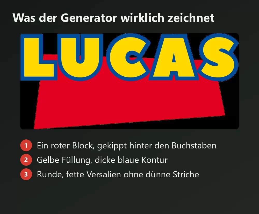 Ein generierter Name im Toy-Story-Stil mit nummerierten Zutaten: der gekippte rote Block hinter den Buchstaben, die gelbe Füllung mit dicker blauer Kontur, und die runden, fetten Versalien