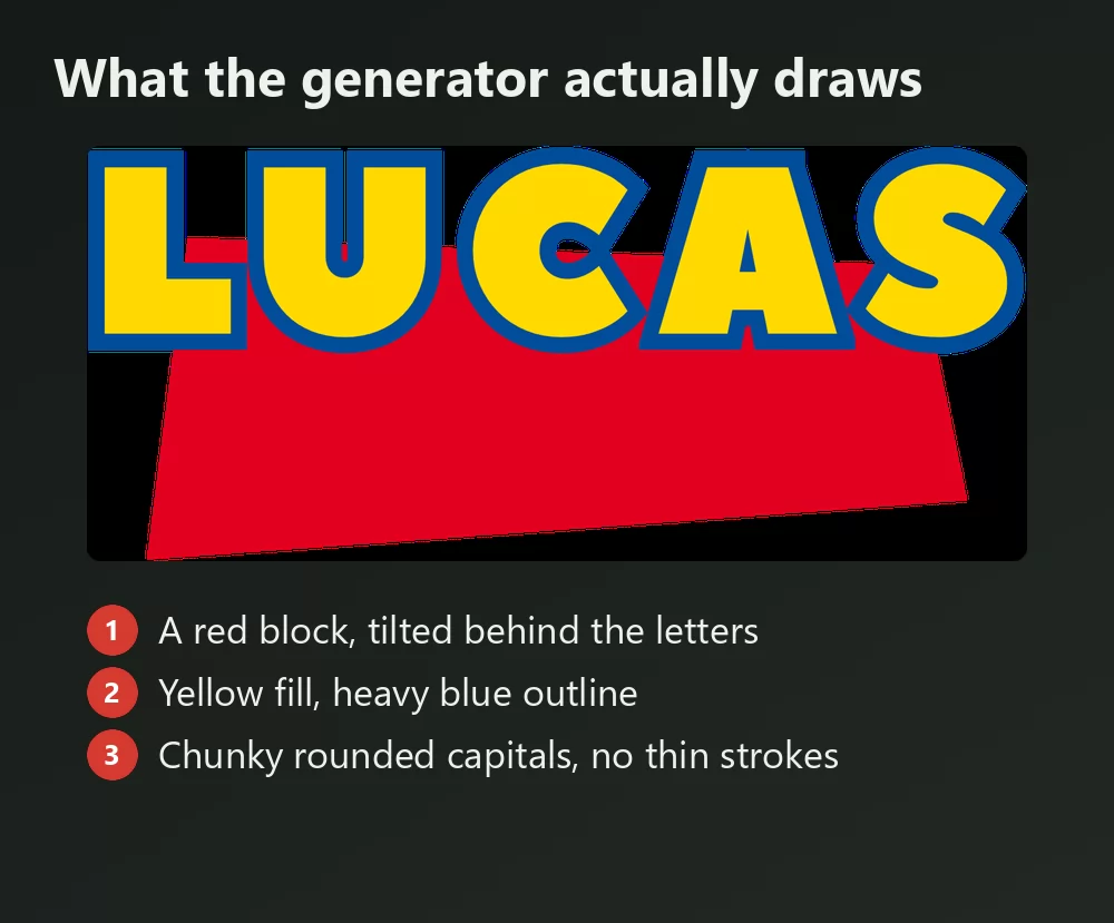 A generated Toy Story style name with its ingredients numbered: the red block tilted behind the letters, the yellow fill with a heavy blue outline, and the chunky rounded capitals