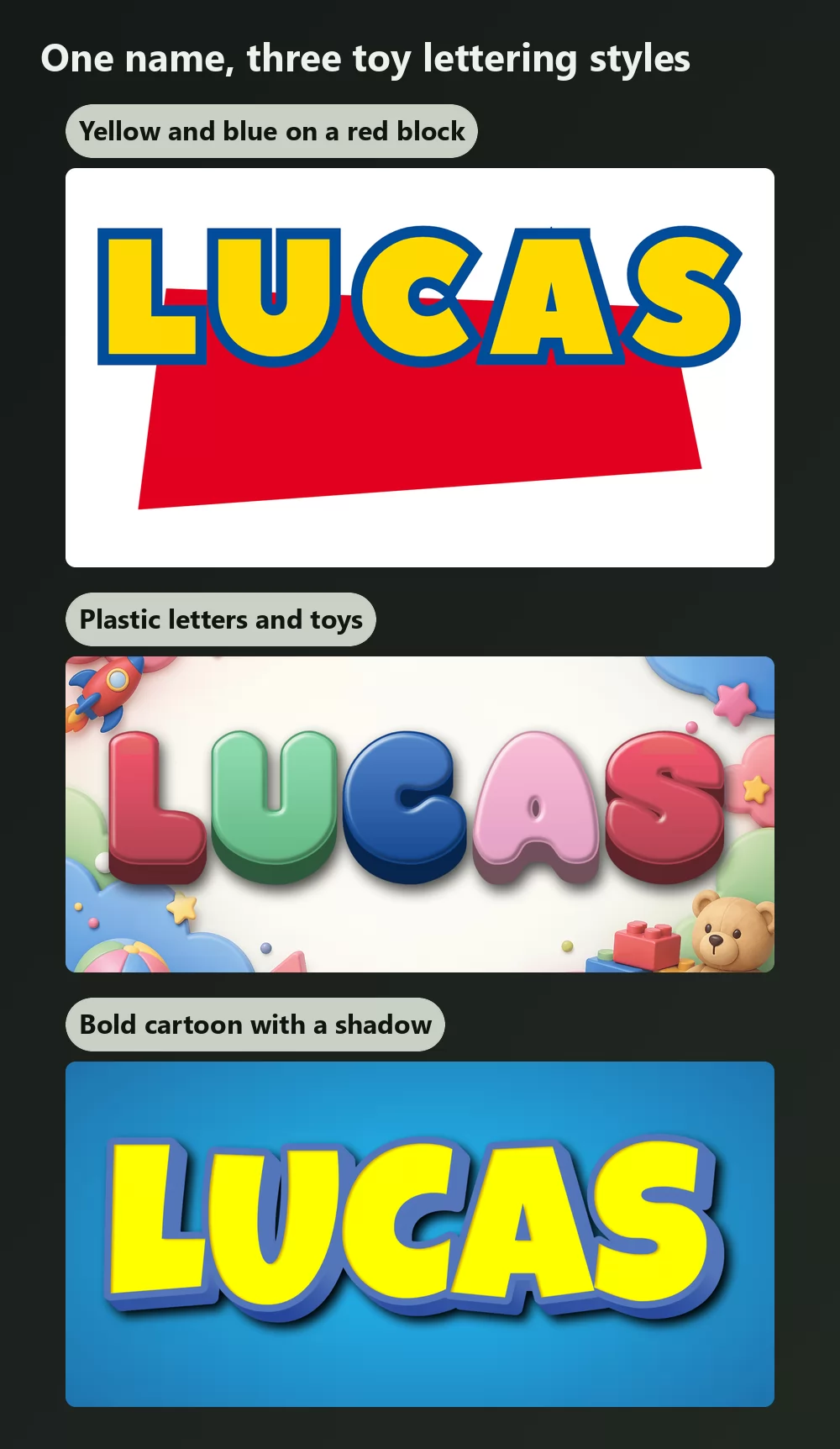The same first name in three toy themed lettering styles: chunky yellow letters with a blue outline on a red tilted block, glossy 3D letters surrounded by toys, and bold yellow cartoon letters with a deep drop shadow