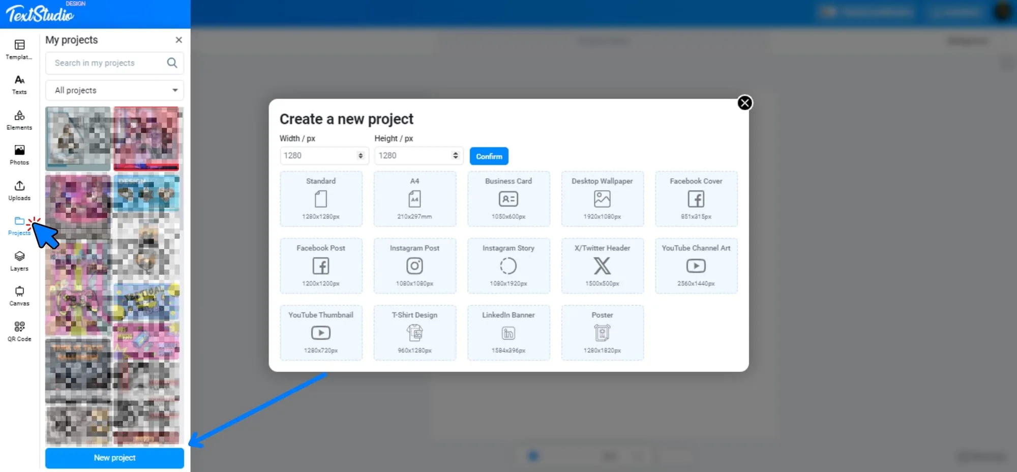 Finestra di creazione di un nuovo progetto in Design Studio con dimensioni predefinite della tela