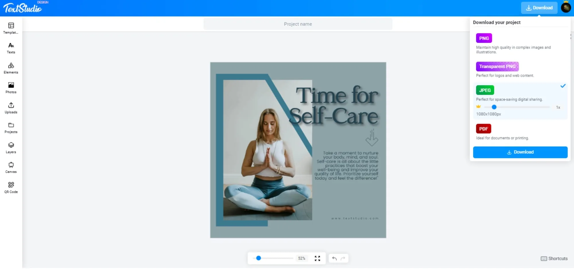 Download del design finito in formato PNG, JPEG o PDF