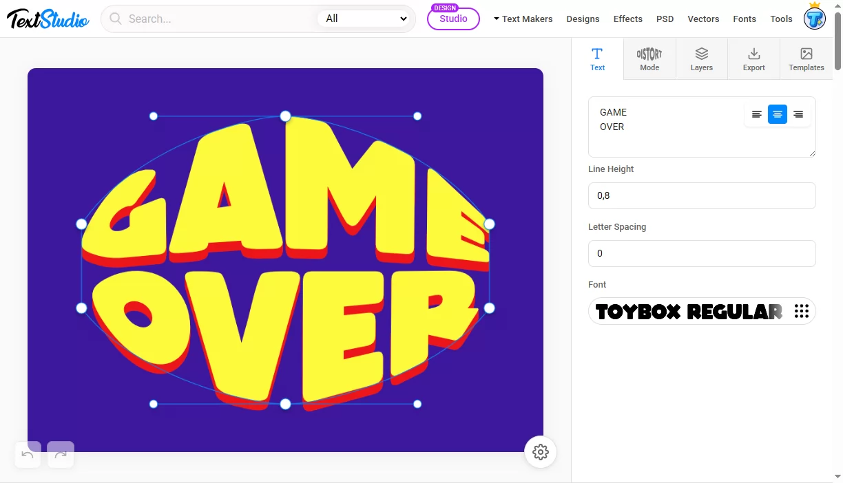 Warping GAME OVER text with the drag-and-drop envelope in the Text Warper editor