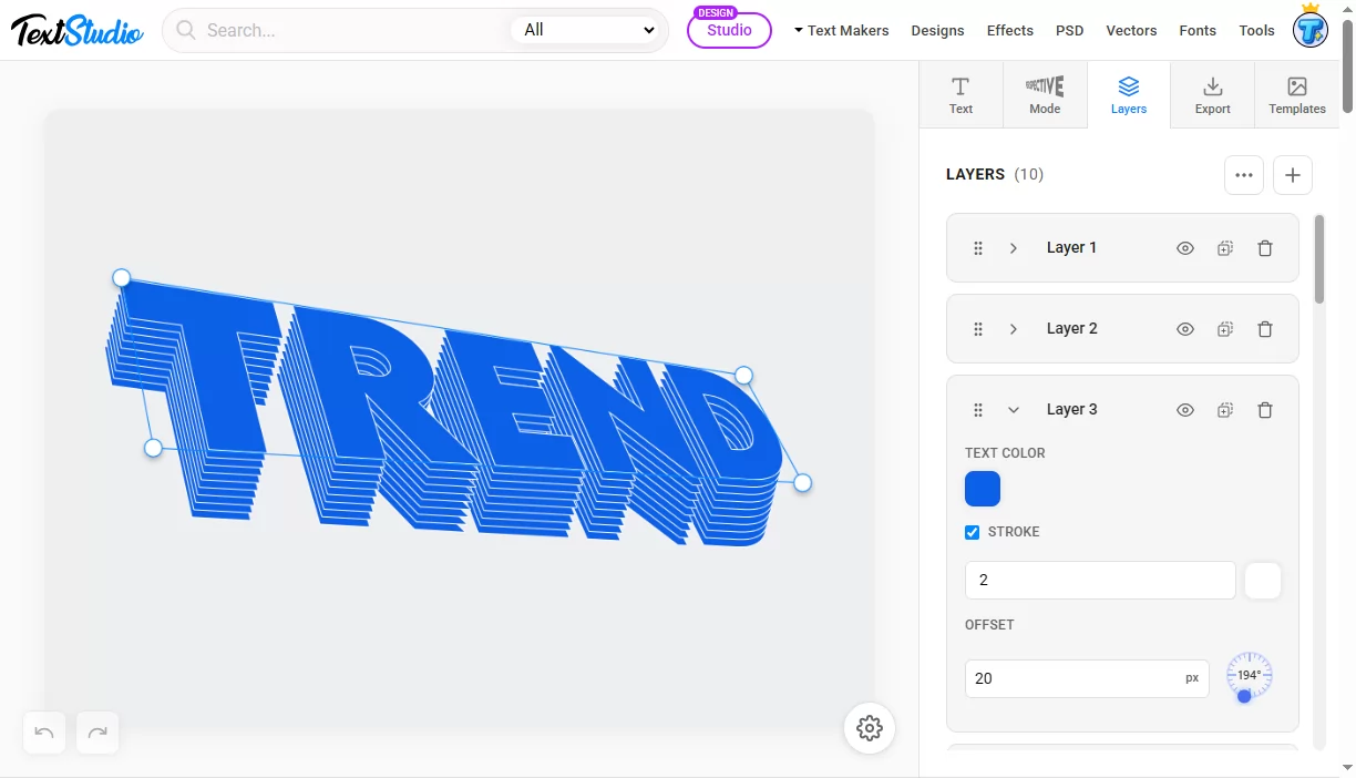 Stacking layers with color, stroke and offset to build 3D depth on warped text