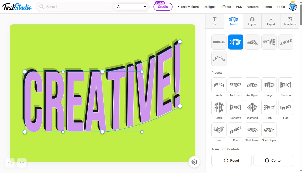 Warp modes and preset shapes (arch, bulge, circle, flag, heart, rise) in Text Warper