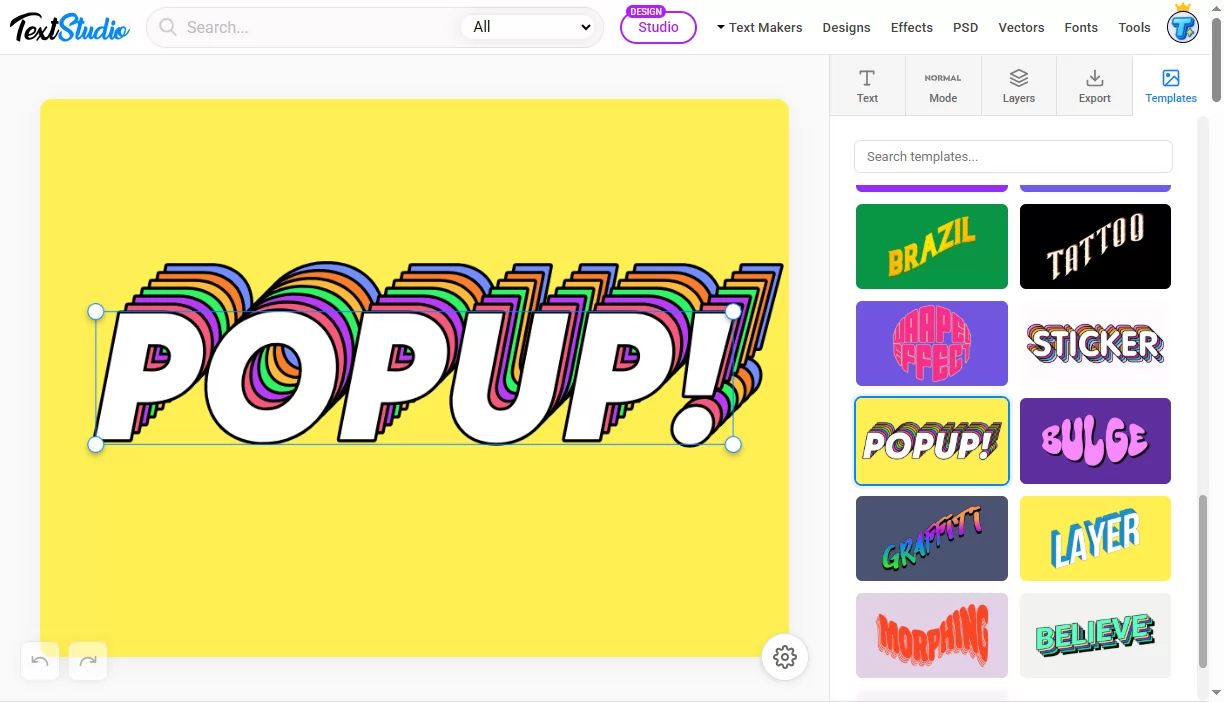 The Text Warper template gallery with ready-made warped text styles