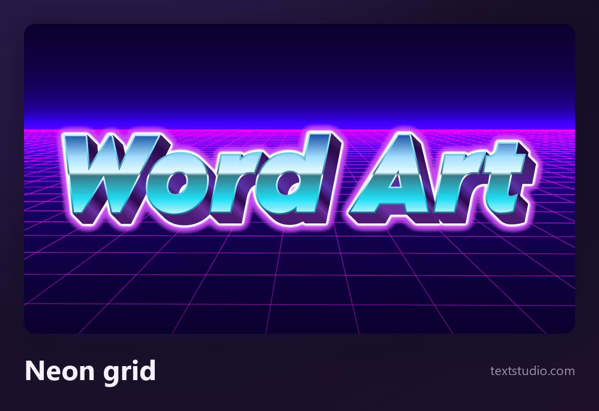 The words Word Art in chrome blue and white lettering with a magenta neon glow, standing on a pink perspective grid running to a purple horizon