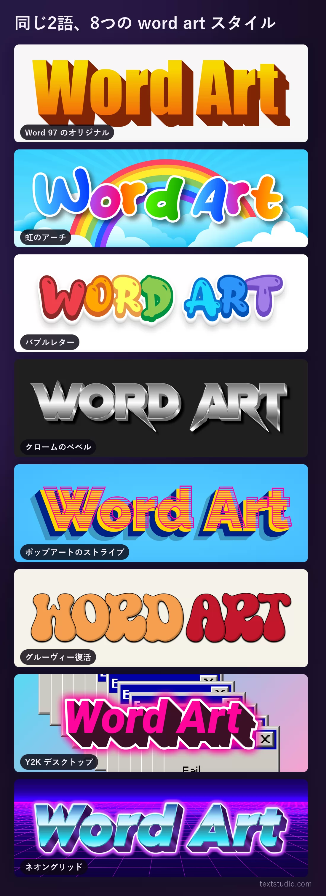 同じ2語で描いた「Word Art」の8つのスタイルを縦に並べたもの：オレンジの Word 97 オリジナル、雲の上の虹のアーチ、色とりどりのバブルレター、クロームのベベル、ストライプのポップアート大文字、グルーヴィーな70年代文字、エラーダイアログの上のピンクの Y2K レタリング、そしてネオングリッドの上のクロームブルー