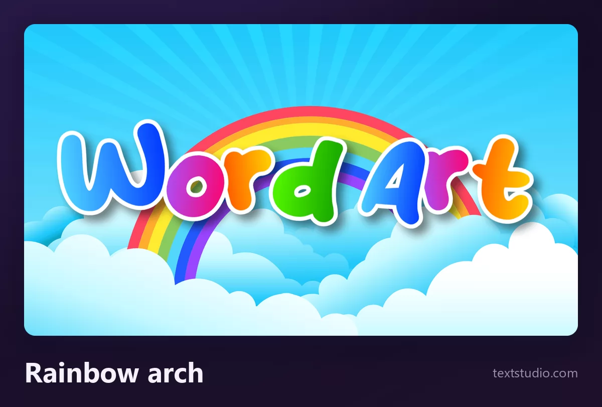 The words Word Art in rainbow lettering arched over white clouds and a blue sky, each letter a different colour with a white outline
