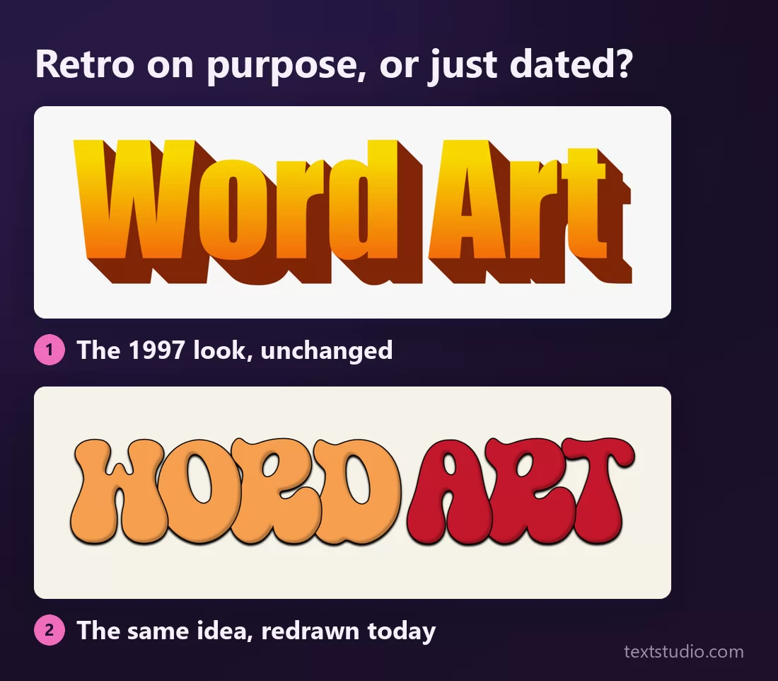 Two panels comparing the same idea forty years apart: on top the orange Word 97 gradient with its hard block shadow, below fat orange and red groovy letters redrawn in a modern style on cream