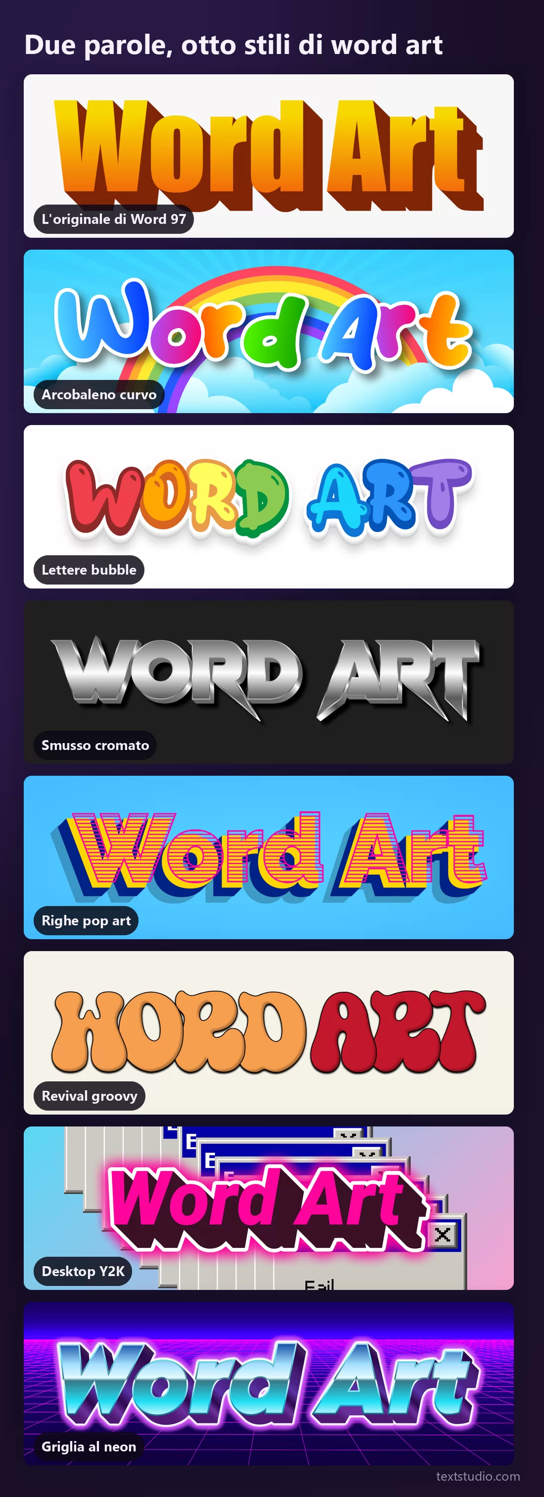 Otto stili di word art sulle stesse due parole, impilati: l'originale arancione di Word 97, l'arco arcobaleno, le lettere bubble, lo smusso cromato, le righe pop art, il groovy anni Settanta, il rosa Y2K e il blu cromato su griglia al neon