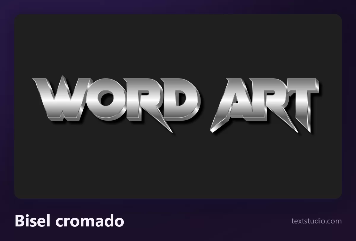 Las palabras Word Art en lettering cromado, mayúsculas plateadas con bisel, una banda de luz brillante cruzando el centro y una sombra oscura proyectada sobre fondo negro