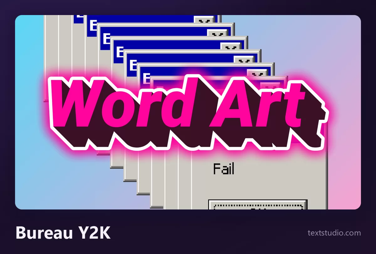 Les mots Word Art en lettrage rose vif entouré d'une lueur magenta, superposés à une cascade de boîtes de dialogue d'erreur grises d'un vieux système d'exploitation
