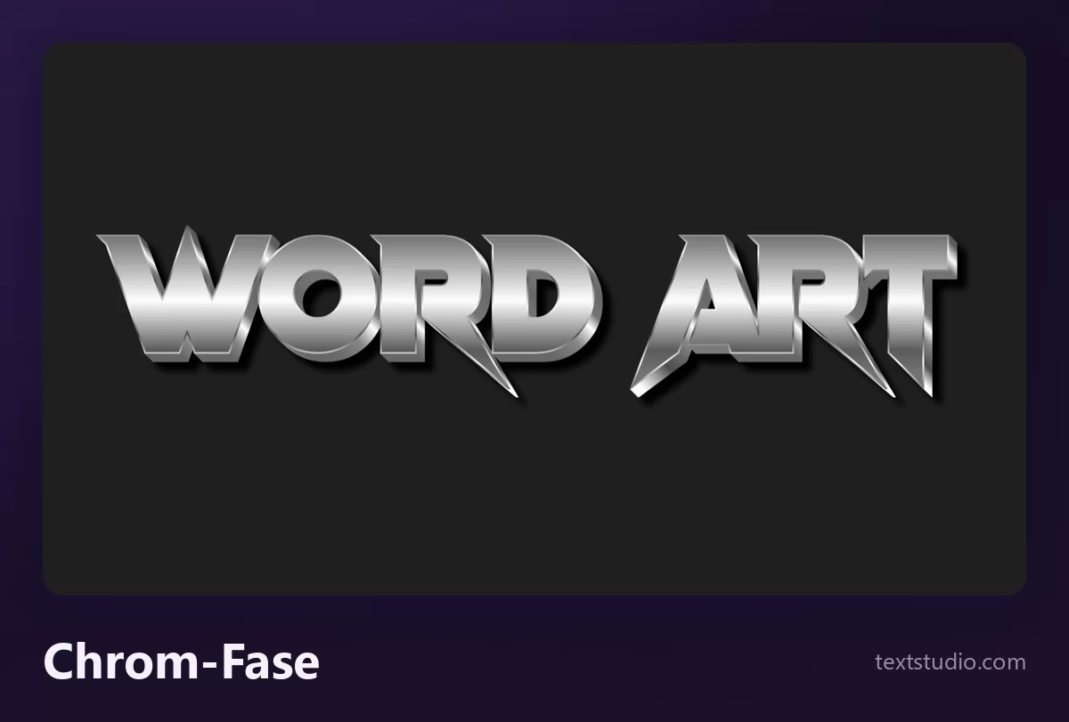 Die Wörter Word Art in Chrom-Lettering, silberne Versalien mit Fase, einem hellen Glanzband quer über der Mitte und einem dunklen Schlagschatten auf Schwarz