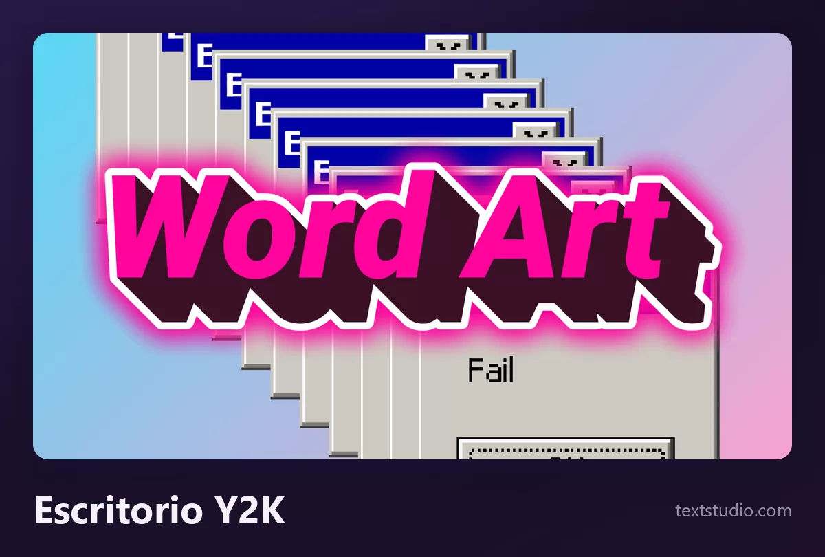 Las palabras Word Art en lettering rosa intenso con un resplandor magenta, superpuestas sobre una pila de cuadros de diálogo de error grises de un sistema operativo antiguo