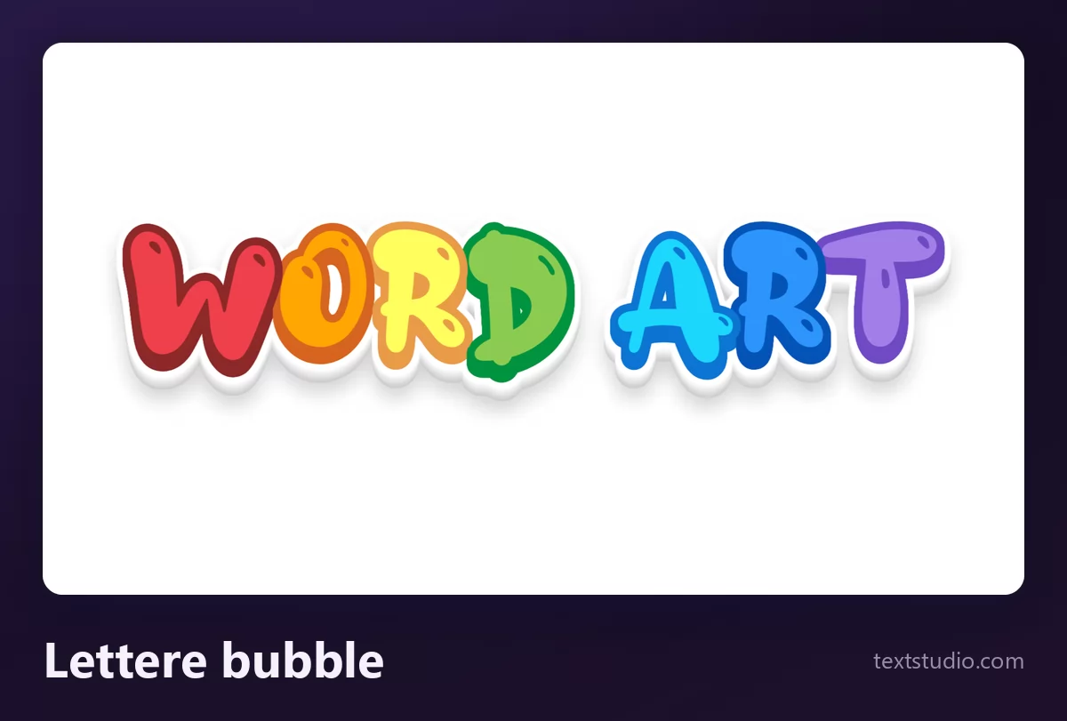 Le parole Word Art in grosse lettere bubble multicolori, forme arrotondate con spessi contorni bianchi e un riflesso lucido, ogni lettera di un colore diverso