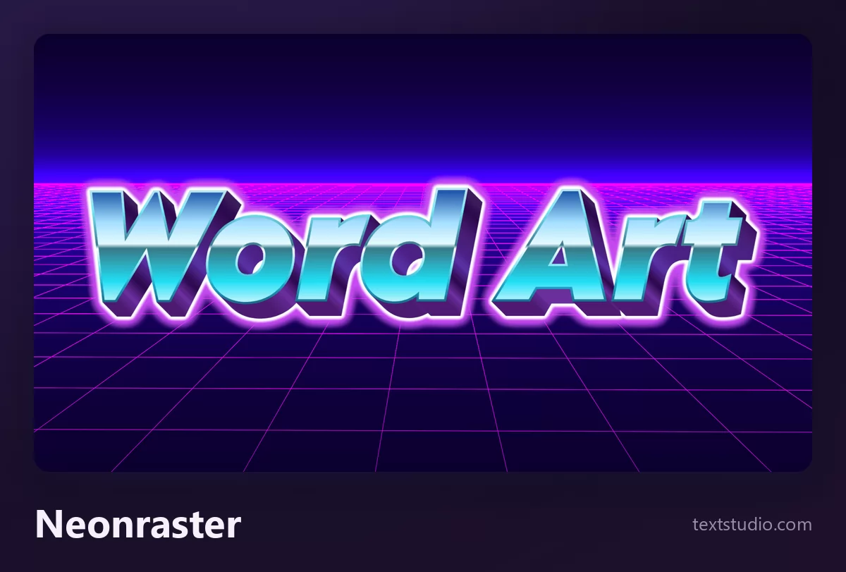 Die Wörter Word Art in chromblauem und weißem Lettering mit magentafarbenem Neonschein, stehend auf einem rosa Perspektivraster, das zu einem violetten Horizont läuft