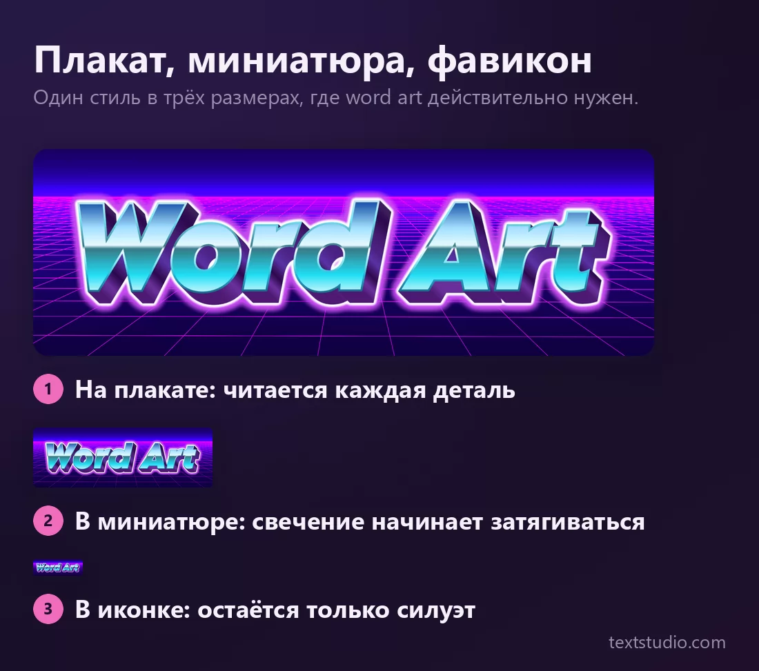Один и тот же word art на неоновой сетке в трёх реальных размерах, каждый показан в истинном масштабе: крупно, где читается каждая деталь, мелко, где свечение затягивается, и в размере иконки, где остаётся только цветной силуэт