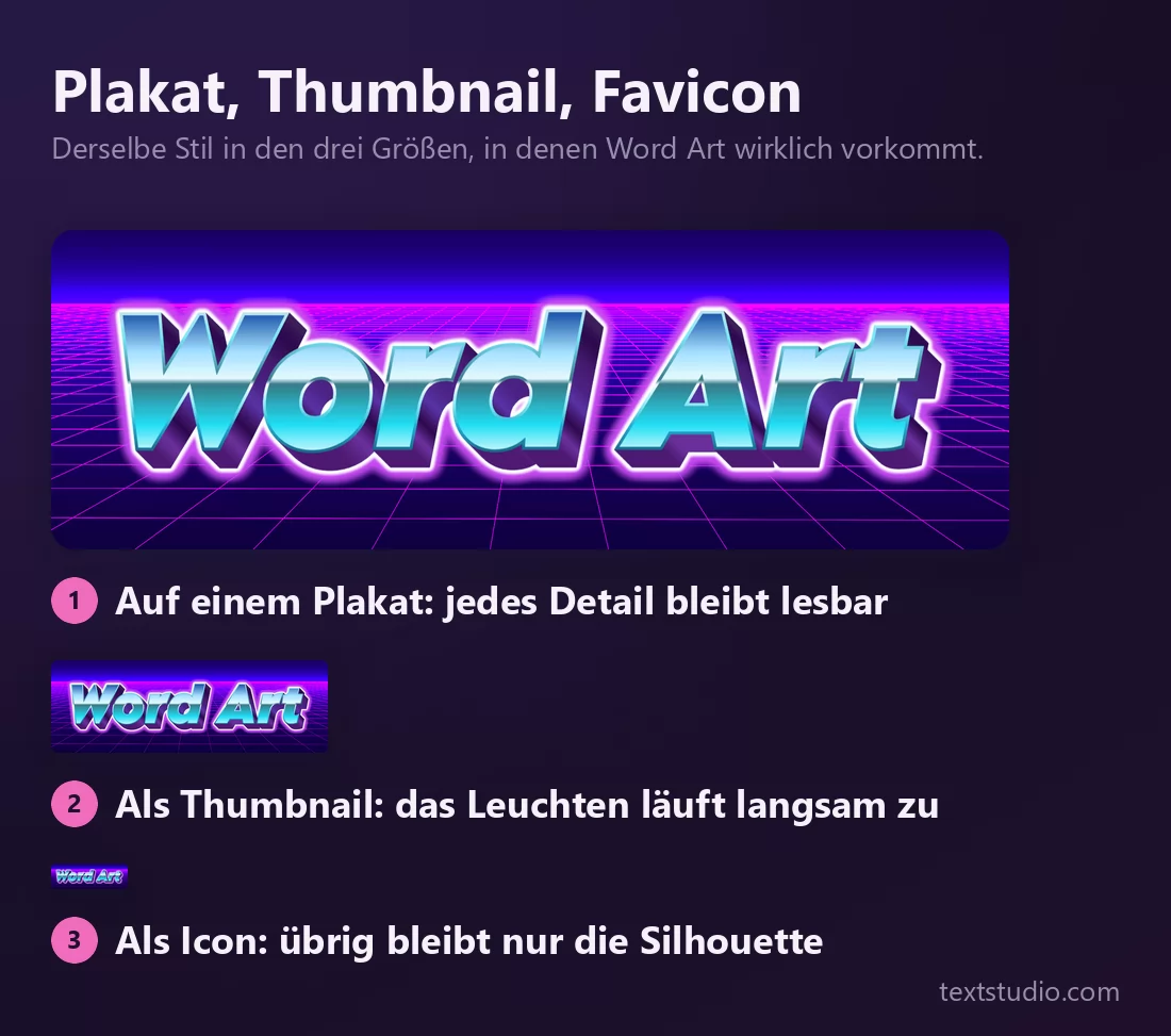 Die Wörter Word Art im Neonraster-Stil in drei echten Größen, jede maßstabsgetreu gezeigt: groß genug für jedes Detail, klein genug, dass das Leuchten zuläuft, und in Icon-Größe, wo nur eine farbige Silhouette übrig bleibt