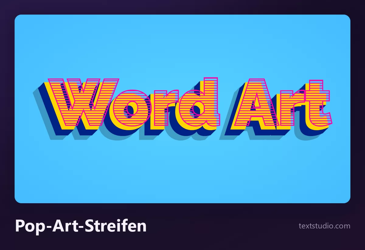 Die Wörter Word Art im Pop-Art-Stil, gelbe Versalien mit roten Querstreifen auf einem flach versetzten blauen Schatten vor hellblauem Hintergrund