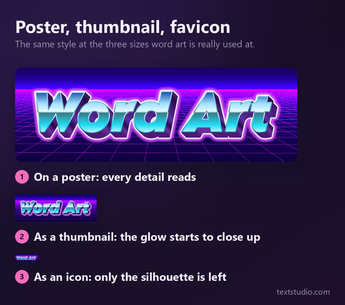 The same neon grid word art at three real sizes, each shown at its true scale: large enough to read every detail, small enough that the glow closes up, and icon size where only a coloured silhouette is left