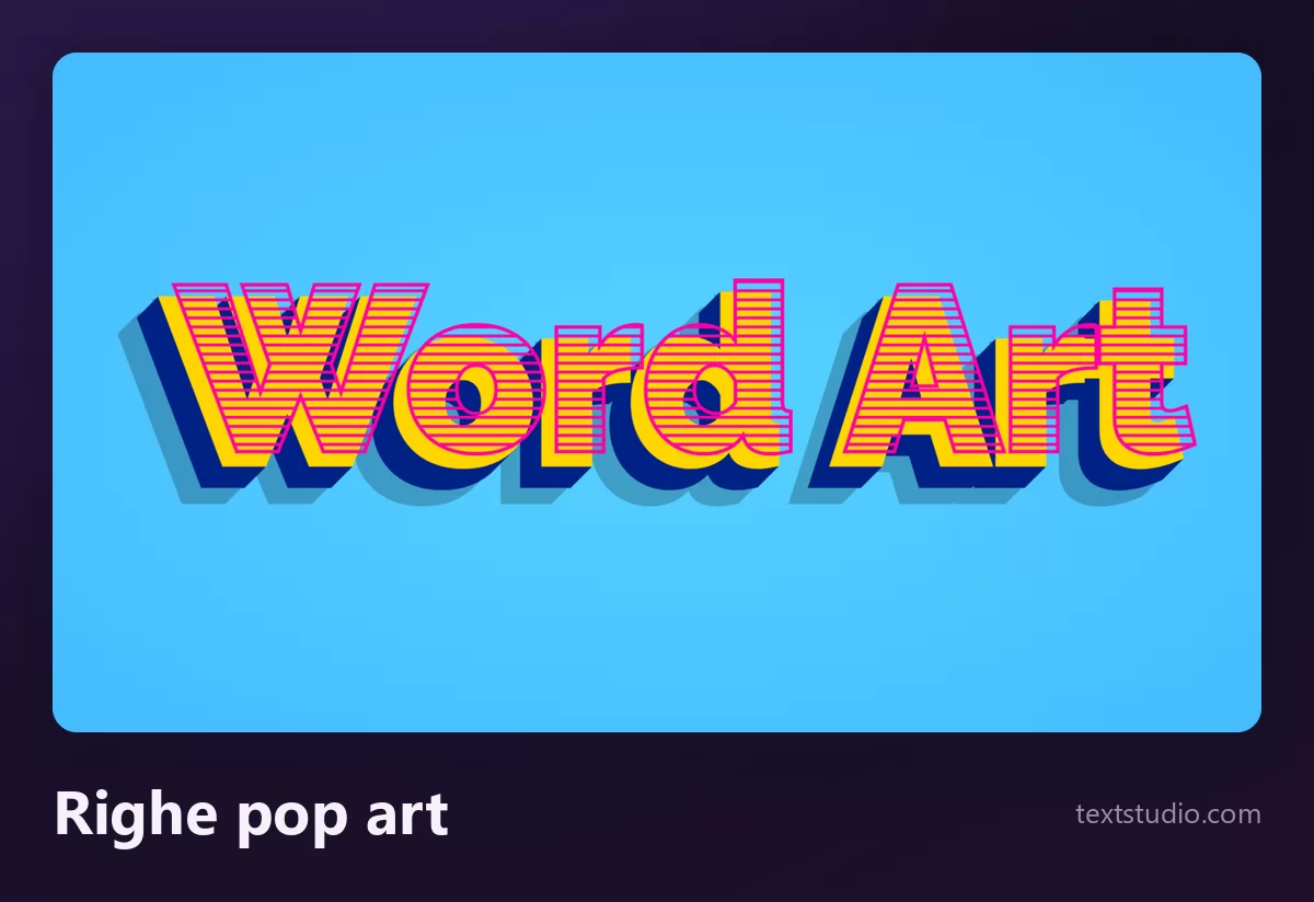 Le parole Word Art in stile pop art, maiuscole gialle riempite di righe orizzontali rosse su un'ombra piatta blu spostata di lato, contro uno sfondo azzurro chiaro