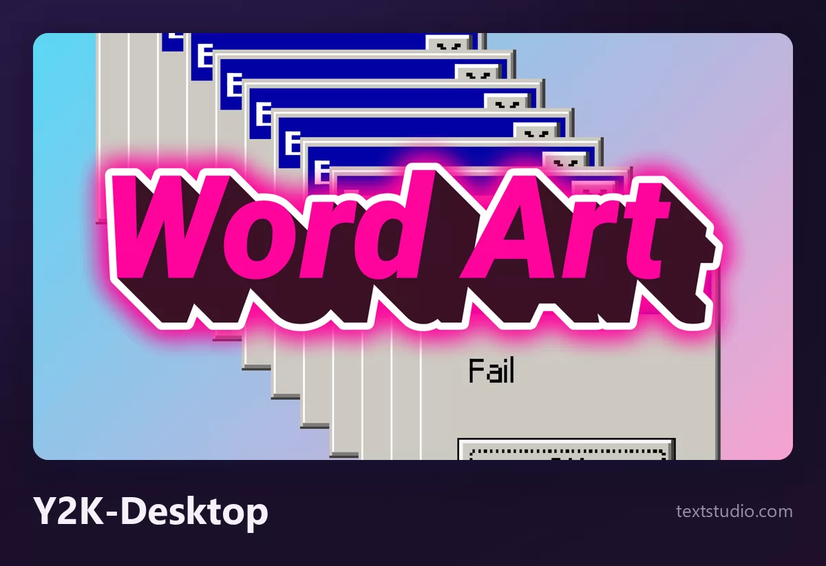 Die Wörter Word Art in leuchtend pinkem Lettering mit magentafarbenem Schein, gelegt über einen Stapel gestaffelter grauer Fehlerdialoge aus einem alten Betriebssystem