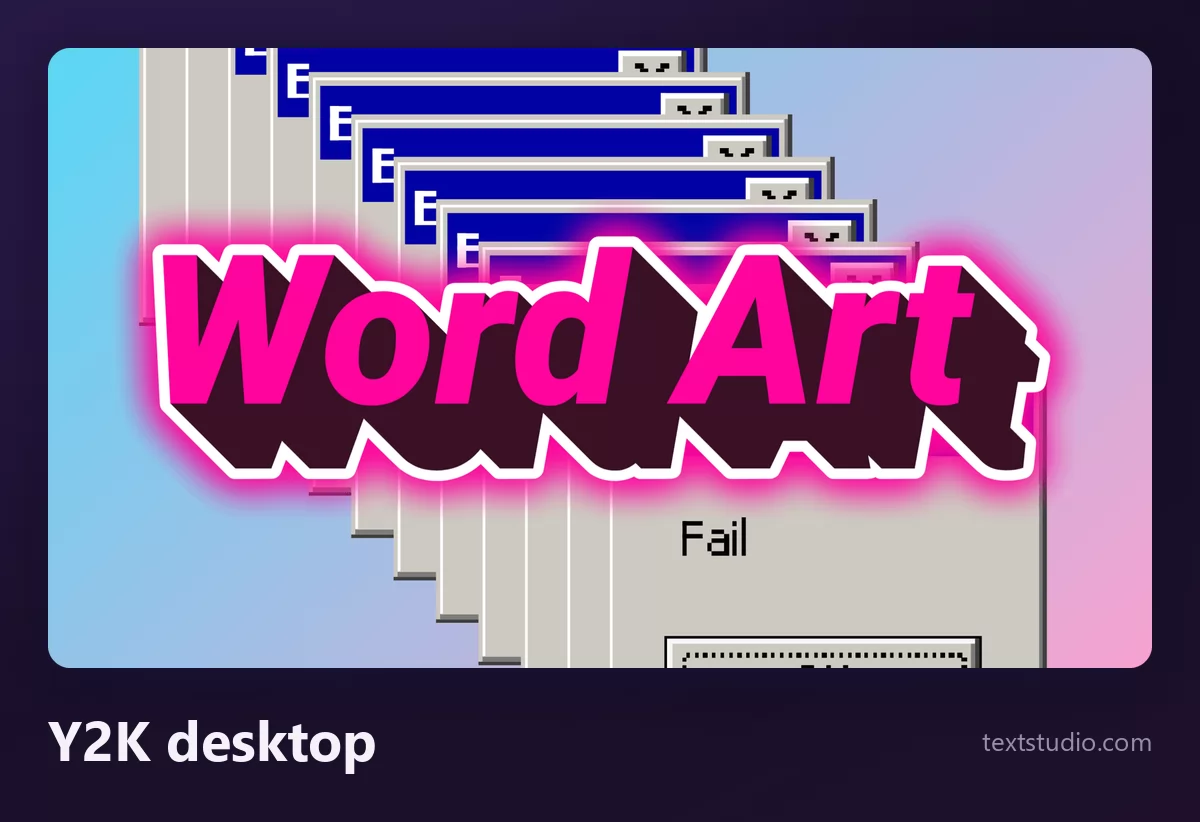 The words Word Art in bright pink lettering with a magenta glow, layered over a stack of cascading grey error dialog boxes from an old operating system